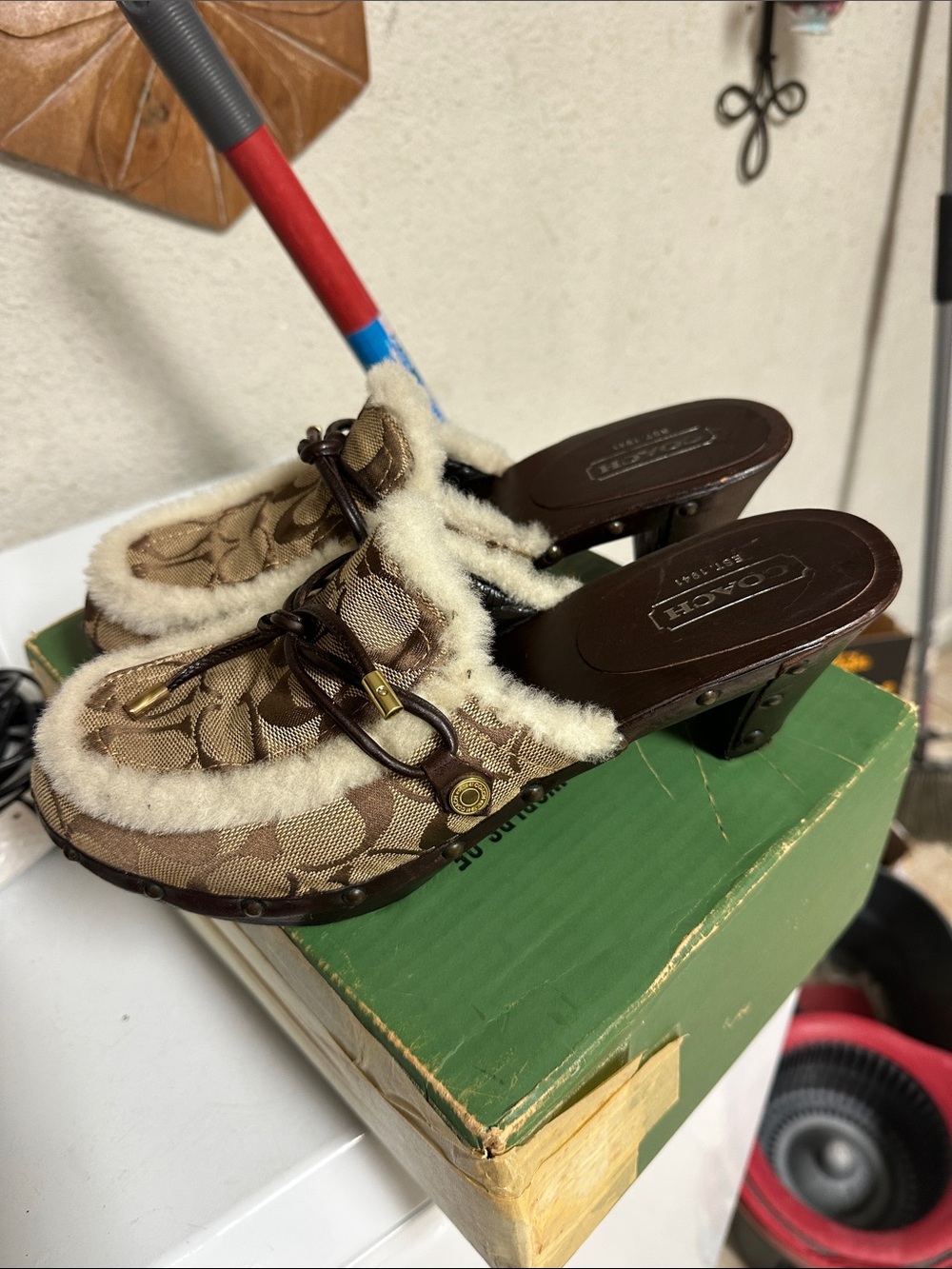 Coach Brown Signature Clog Mules with Cream Shearling Trim